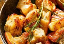 Χοιρινή τηγανιά κρασάτη με πιπεριές και πατάτες